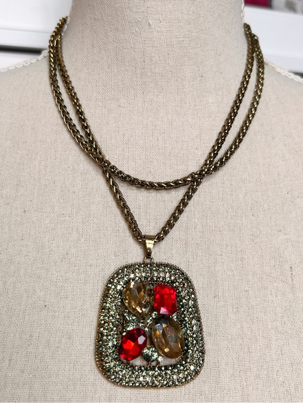 Vintage Style Red & Smoky Crystal Pavé Square Pendant Necklace Moody Vibe
